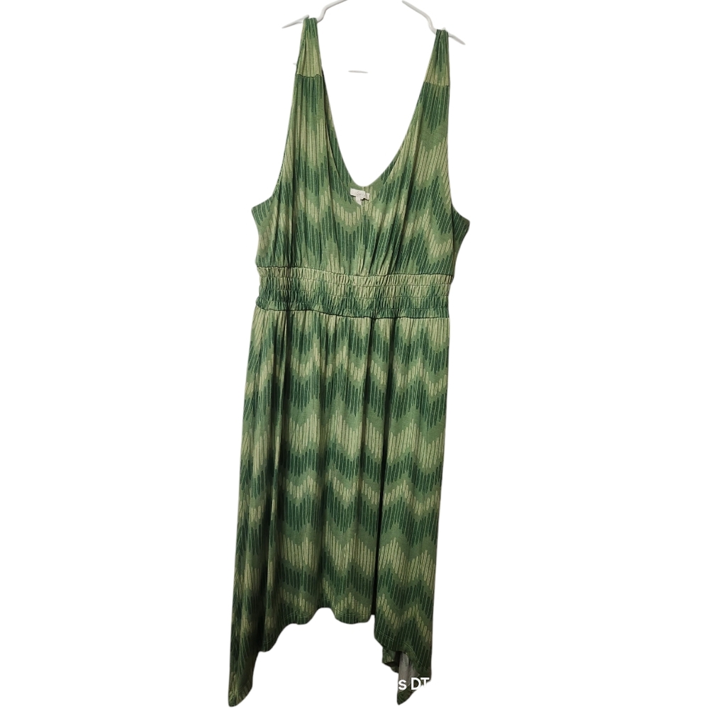 SOMA- 3 SHADES GREEN SLEEVELESS SUN DRESS ELASTIC SMOCKED WAIST ASEMETRICAL